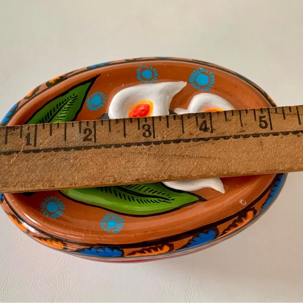 HAND PAINTED MEXICAN RED CLAY POTTERY FOLK ART OBLONG BOX CALLA LILY